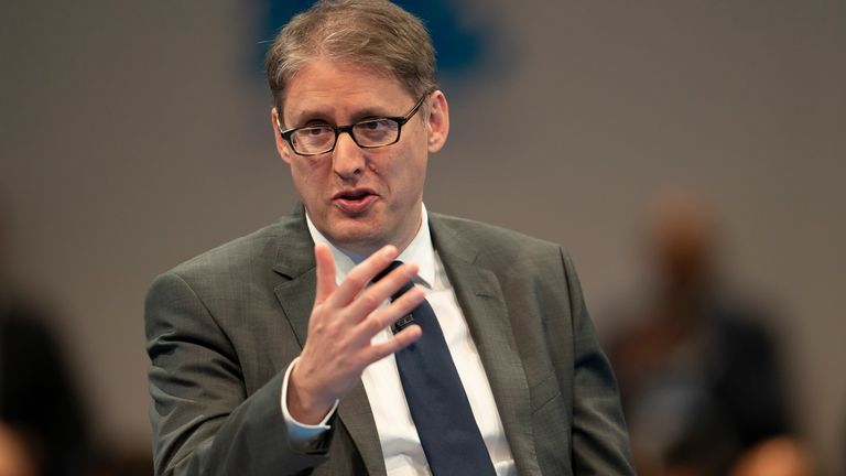 Tony Danker, Director-General of the CBI speaks at the Conservative Party Conference in Manchester, England, Tuesday, Oct. 5, 2021. (AP Photo/Jon Super)


