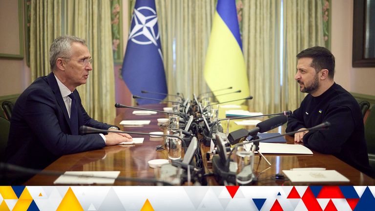 war in Ukraine. NATO General Secretary Jens Stoltenberg in Kiev on April 20, 2023 with President Volodymyr Zelenskyy. Meeting with NATO Secretary General in Kyiv Photo by: Presidential Office of Ukraine/picture-alliance/dpa/AP Images


