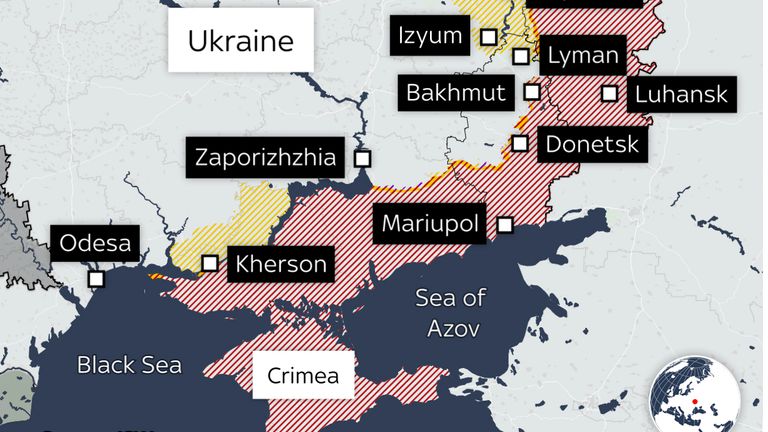 Map showing east of Ukraine including Crimea more than 400 days into the war
