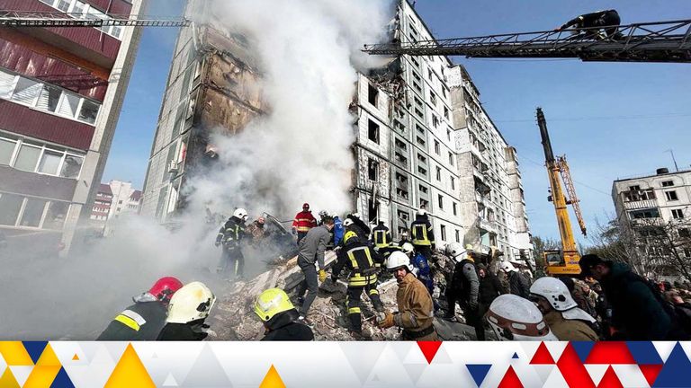 Rescuers work at the site of a residential building heavily damaged by a Russian missile, amid Russia&#39;s attack on Ukraine, in the town of Uman, Cherkasy region, Ukraine April 28, 2023. Press service of the State Emergency Service of Ukraine/Handout via REUTERS ATTENTION EDITORS - THIS IMAGE HAS BEEN SUPPLIED BY A THIRD PARTY.