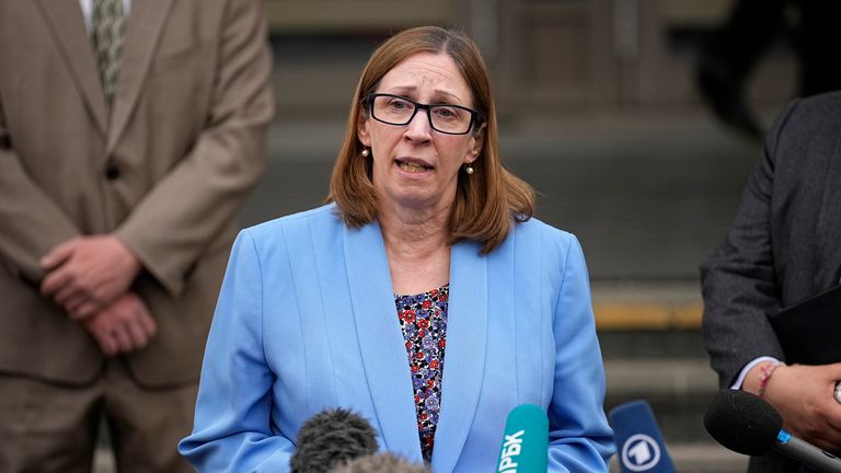 U.S. Ambassador to Russia Lynne Tracy speaks to the media after an hearing of Wall Street Journal reporter Evan Gershkovich&#39;s case at the Moscow City Court, in Moscow, Russia, on Tuesday, April 18, 2023. (AP Photo/Alexander Zemlianichenko)