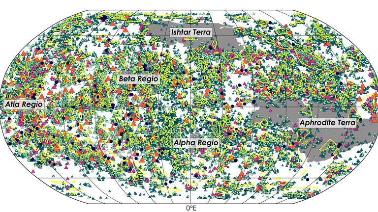 JGR Planets'teki yeni bir makale, Venüs'teki tüm volkanik yapıların şimdiye kadar derlenmiş en kapsamlı haritasını sunuyor.  Veri seti, St. Louis'deki Washington Üniversitesi'nde gezegen bilimci Paul Byrne ve Rebecca Hahn tarafından oluşturuldu ve halka açık.