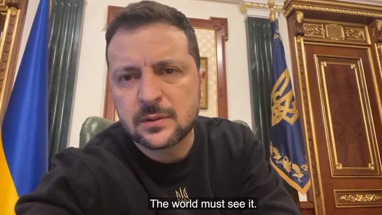Volodymyr Zelenskyy looked sombre as he spoke to his people in a video message
