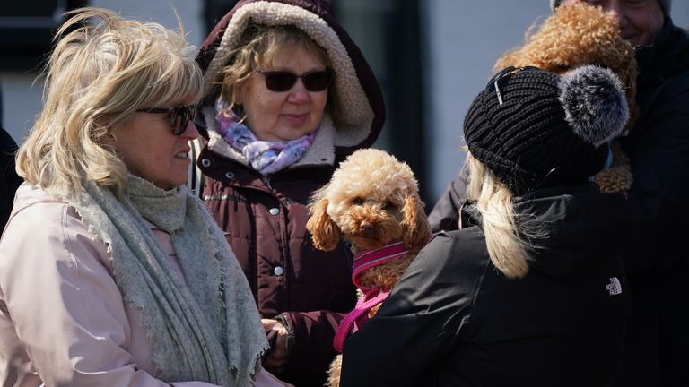 Well wishers at the Walnut Tree Pub in Aldington, Kent, as they wait for Paul O&#39;Grady&#39;s funeral cortege to travel through the village of Aldington, Kent, ahead of his funeral at St Rumwold&#39;s Church. Picture date: Thursday April 20, 2023.

