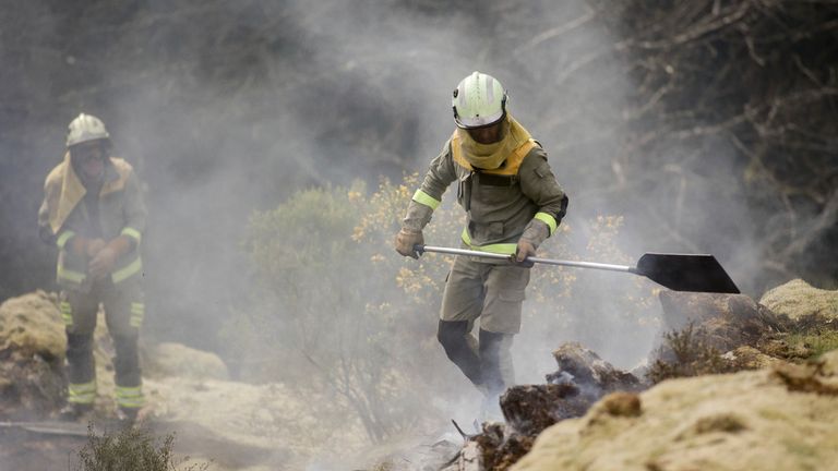 Two forest brigades work to extinguish the flames in a forest fire, on March 30, 2023, in Baleira, Lugo, Galicia (Spain), already affecting 1,100 hectares. The strong wind affecting the area, with wind gusts of up to 70 kilometers per hour and changing direction, has hindered the work of firefighting teams since its inception. Pic: AP