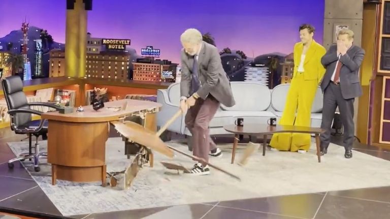 Will Ferrell destroys James Corden’s Late Late Show desk with a sledgehammer
Pic: Late Late Show