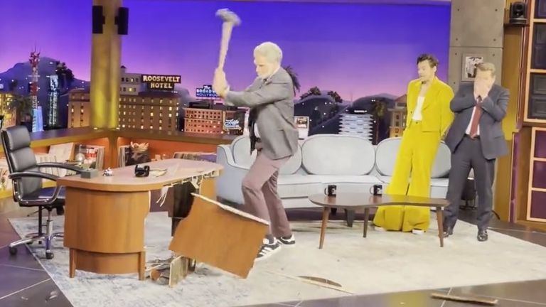 Will Ferrell destroys James Corden’s Late Late Show desk with a sledgehammer
Pic:Late Late Show