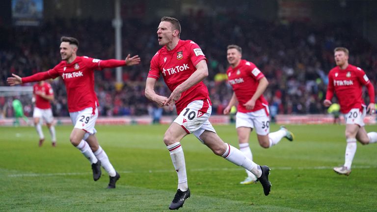 Wrexham&#39;s Paul Mullin (second left) celebrates scoring their side&#39;s second goal of the game