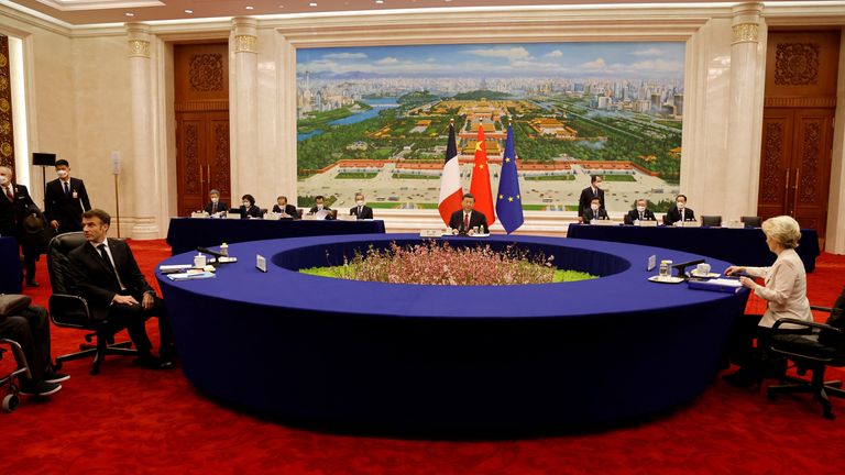 China?s President Xi Jinping, his French counterpart Emmanuel Macron and European Commission President Ursula von der Leyen meet for a working session in Beijing, China on April 6, 2023. Ludovic Marin/Pool via REUTER
