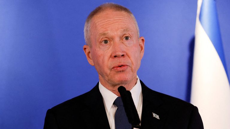 FILE PHOTO: Israeli Defence Minister Yoav Gallant attends a news conference with U.S. Secretary of Defense Lloyd Austin at Ben Gurion Airport in Lod, Israel, March 9, 2023. REUTERS/Amir Cohen/File Photo
