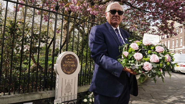 Former Metropolitan Police officer John Murray lays a wreath at a memorial service for WPC Yvonne Fletcher, at St James&#39;s Square in London. Picture date: Monday April 17, 2023.