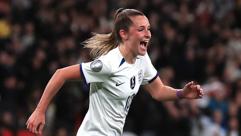 England&#39;s Ella Toone celebrates after scoring against Brazil in the Women&#39;s Finalissima at Wembley