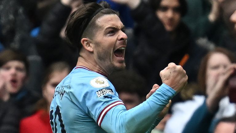 Jack Grealish celebrates after putting Manchester City 4-1 in front against Liverpool