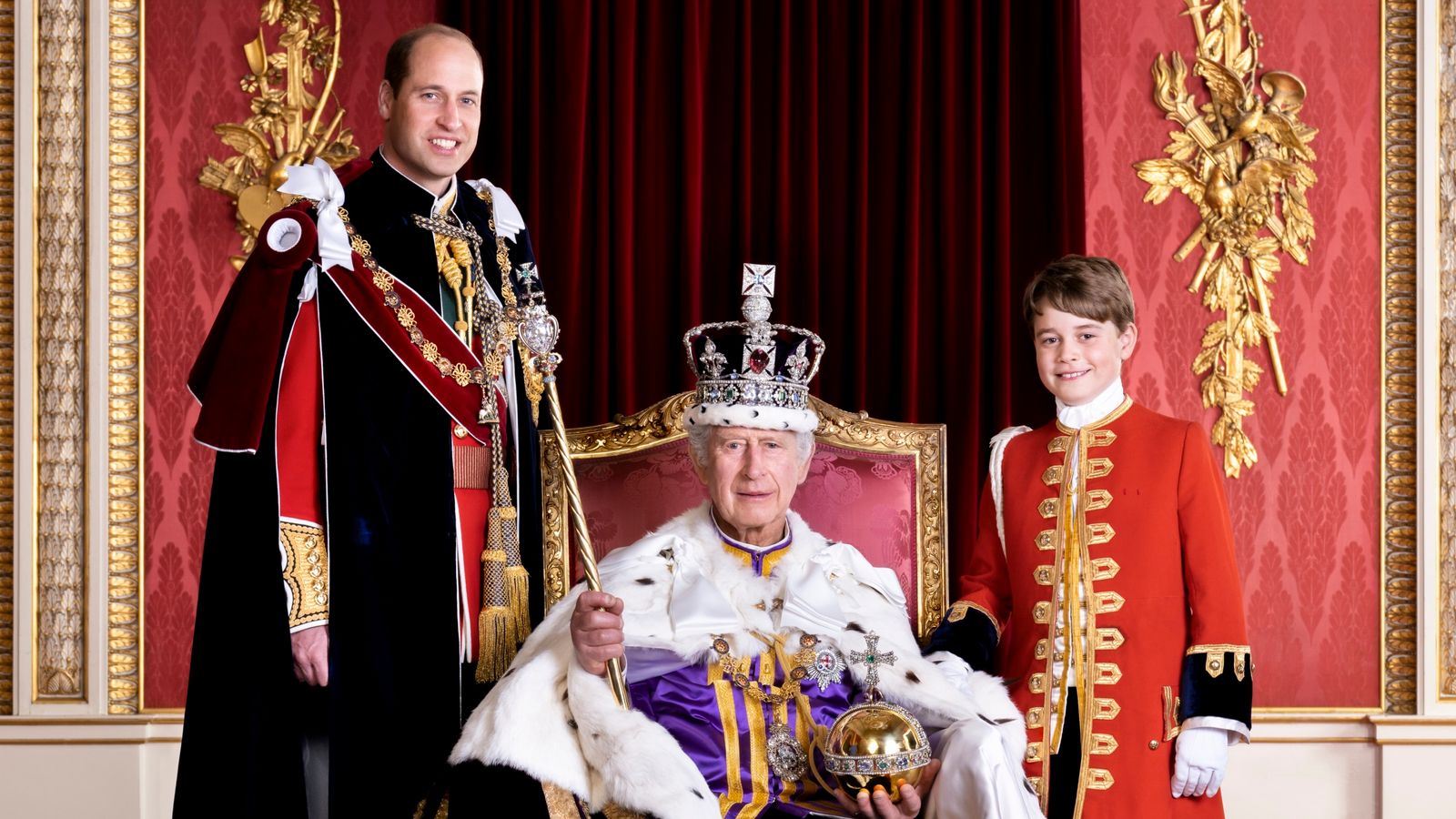 The King and his heirs: Charles pictured with Princes William and George in new portrait for coronation