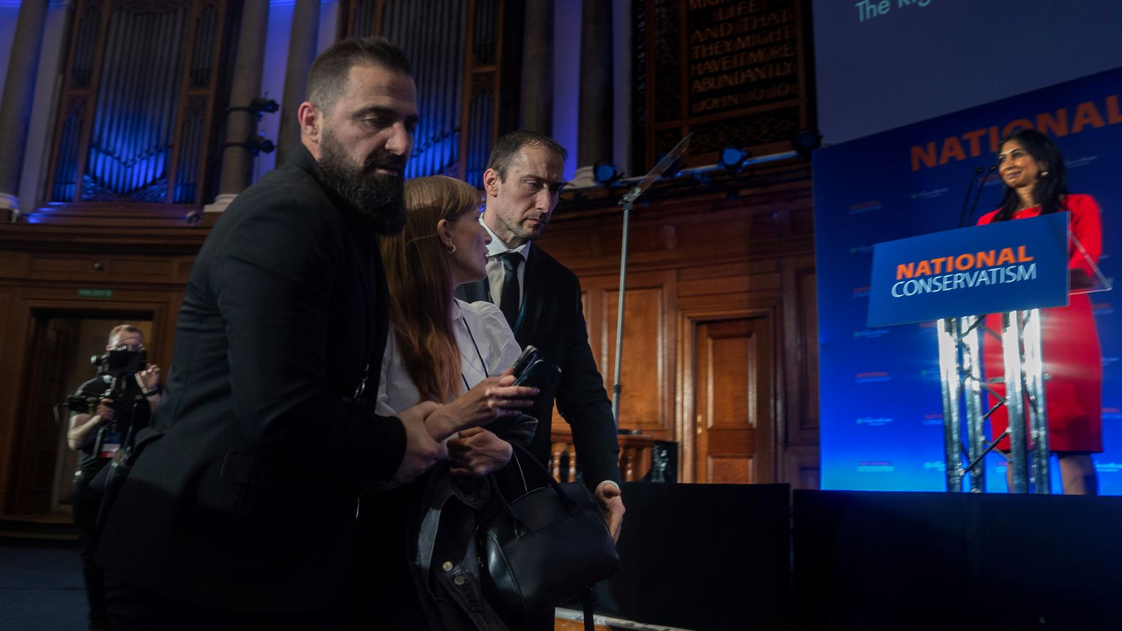 Braverman's immigration speech disrupted by protesters after Rees-Mogg interrupted on stage