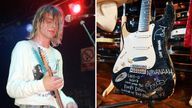  Kurt Cobain&#39;s smashed Nevermind era black Fender Stratocaster electric guitar signed by all three members of Nirvana