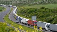 Lorries queue for the Port of Dover along the A20 in Kent as the getaway for half term and the bank holiday weekend 