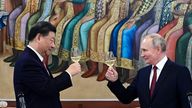 Vladimir Putin and Xi Jinping share a toast during a dinner at the Kremlin in March Pic: AP 