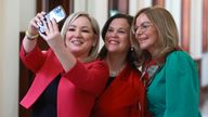 Left to right: Sinn Fein Vice President Michelle O&#39;Neill, President Mary Lou McDonald and Tina Black who has won her seat