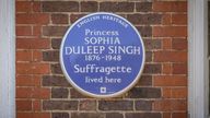 Handout photo issued by English Heritage of a blue plaque honouring a suffragette Indian princess which has been unveiled at her former London home, a grace and favour apartment by Queen Victoria. Princess Sophia Duleep Singh, daughter of the last ruler of the Sikh empire, goddaughter to Queen Victoria and a campaigner for female enfranchisement, was commemorated by English Heritage at Faraday House, Hampton Court. Picture date: Friday May 26, 2023.