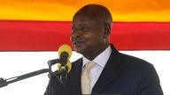 FILE - Uganda&#39;s President Yoweri Museveni speaks during the 60th Independence Anniversary Celebrations, in Kampala, Uganda on Oct. 9, 2022. Uganda&#39;s president Yoweri Museveni has signed into law tough new anti-gay legislation supported by many in the country but widely condemned by rights activists and others abroad, it was announced Monday, May 29, 2023. (AP Photo/Hajarah Nalwadda, File)