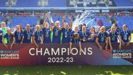 Chelsea players celebrate becoming WSL champions after winning at Reading