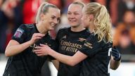 Stina Blackstenius of Arsenal celebrates with teammates after scoring the team&#39;s second goal during the FA Women&#39;s Super League match between Brighton & Hove Albion and Arsenal at Broadfield Stadium 