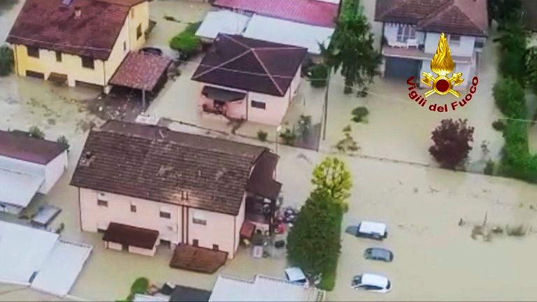 Flooded houses in Cesena, in the northern Italian region of Emilia Romagna
Pic:Vigili del Fuoco/AP