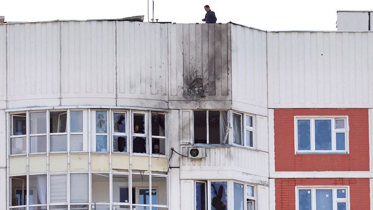 A view shows a damaged multi-storey apartment block following a reported drone attack in Moscow, Russia