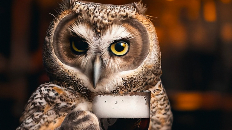 an image "Blur cute owl drinking very dark beer in a bar in realistic style" Created by artificial intelligence. Image: Deep Floyd