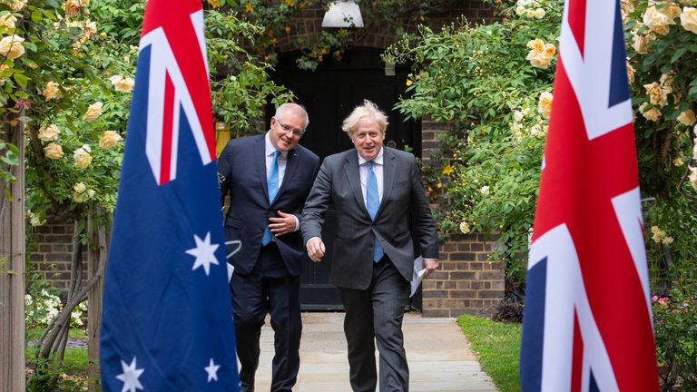 PABEST Prime Minister Boris Johnson with Australian Prime Minister Scott Morrison in the garden of 10 Downing Street, London, after agreeing the broad terms of a free trade deal between the UK and Australia, the UK&#39;s first trade deal negotiated fully since leaving the European Union. Picture date: Tuesday June 15, 2021.
