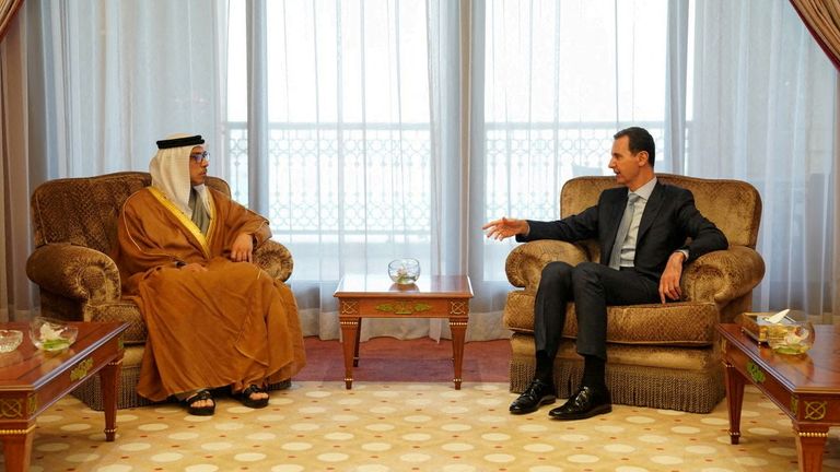 Bashar al-Assad meets with Sheikh Mansour bin Zayed Al Nahyan, Vice President of UAE, Deputy Prime Minister and Minister of the Presidential Court, ahead of the Arab League summit, in Jeddah, Saudi Arabia