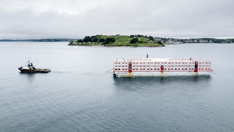 The Bibby Stockholm accommodation barge arrives into Falmouth, Cornwall, to undergo inspection. The 222-bedroom, three-storey vessel, will house around 500 migrants when it is in position in Portland Port, despite the concerns of Conservative council and police chiefs. Picture date: Tuesday May 9, 2023.