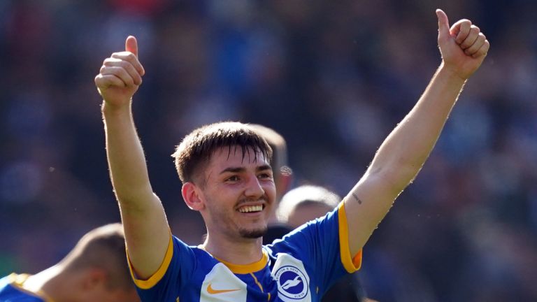 Brighton and Hove Albion&#39;s Billy Gilmour celebrates at the final whistle following the Premier League match at the AMEX Stadium, Brighton. Picture date: Saturday April 29, 2023. PA Photo. See PA Story SOCCER Brighton. Photo credit should read: Adam Davy/PA Wire...RESTRICTIONS: EDITORIAL USE ONLY No use with unauthorised audio, video, data, fixture lists, club/league logos or "live" services. Online in-match use limited to 120 images, no video emulation. No use in betting, games or single club/league/player publications.