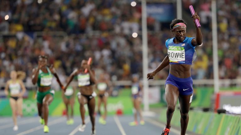 FILE - Tori Bowie of the United States crosses the line to win the gold medal in the women's 4x100m relay final of track and field during the 2016 Summer Olympics at the Olympic Stadium in Rio de Janeiro, Brazil.  Friday, August 19, 2016.  Three-time Olympic sprinter Tori Bowie, who won three Olympic medals at the 2016 Rio de Janeiro Games, has died, her management company and the United States Track and Field announced Wednesday, May 3, 2023. She Bowie was 32 years old. She was found at her home in Florida on Tuesday. Her cause of death has not been disclosed.  (AP Photo/David J. Phillip, File)