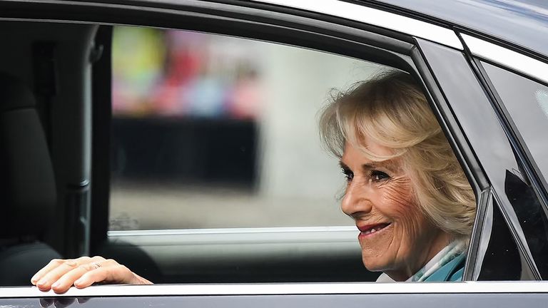 Queen Camilla smiles to members of the public  after a visit with King Charles III to Covent Garden, London. Picture date: Wednesday May 17, 2023. PA Photo. See PA story ROYAL King. Photo credit should read: Daniel Leal/PA Wire             