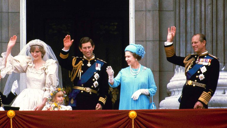 Newlyweds Prince Charles and Princess Diana wave from the Buckingham Palace balcony with the Queen and Prince Philip in 1981. Pic: AP