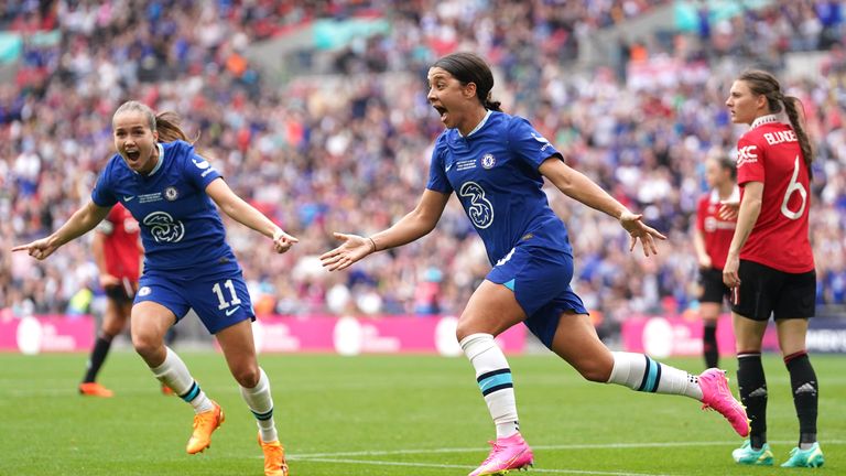 Chelsea&#39;s Sam Kerr celebrates scoring their side&#39;s first goal of the game during the Vitality Women&#39;s FA Cup final at Wembley Stadium, London. Picture date: Sunday May 14, 2023. PA Photo. See PA story SOCCER Women Final. Photo credit should read: Adam Davy/PA Wire...RESTRICTIONS: Use subject to restrictions. Editorial use only, no commercial use without prior consent from rights holder.