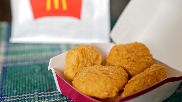 FILE - In this March 4, 2015 file photo, an order of McDonald&#39;s Chicken McNuggets is displayed for a photo in Olmsted Falls, Ohio. McDonald...s is testing Chicken McNuggets with no artificial preservatives as it works to revive its U.S. business. The world...s biggest hamburger chain says it began testing the new recipe in about 140 stores in Oregon and Washington in March 2016.  (AP Photo/Mark Duncan)