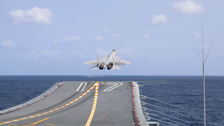 FILE - In this photo released by Xinhua News Agency, a J-15 Chinese fighter jet takes off from the Shandong aircraft carrier during the combat readiness patrol and military exercises around the Taiwan Island by the Eastern Theater Command of the Chinese People&#39;s Liberation Army (PLA) on, April 9, 2023. China...s local maritime authorities have issued a warning for possible rocket debris in waters northeast of Taiwan, saying ships would be banned from entering the area on April 16. The announcement comes after China held large-scale military drills that formally ended Monday in response to Taiwanese President Tsai Ing-wen&#39;s transit visit last week to the United States. (An Ni/Xinhua via AP, File)