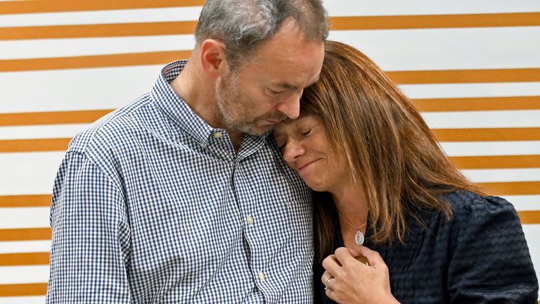 Simon and Sally Glass during a press conference in Denver on Tuesday, September 13, 2022. Their son Christian was killed by police.  photo: AP