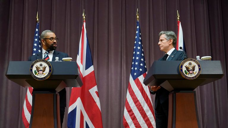 James Cleverly alongside Secretary of State Antony Blinken during a joint press conference, Tuesday, 9 May, 2023 Pic: AP