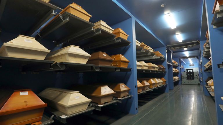 17 February 2020, Berlin: The coffin store in the Baumschulenweg crematorium. The building was constructed in 1999 by the architects Axel Schultes and Charlotte Frank, who also designed the Federal Chancellery in Berlin. Photo by: Wolfgang Kumm/picture-alliance/dpa/AP Images