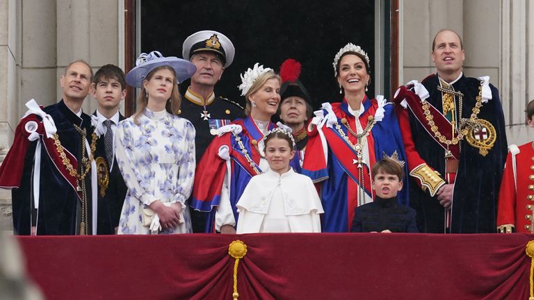 (left to right) the Duke of Edinburgh, the Earl of Wessex, Lady Louise Windsor, Vice Admiral Sir Tim Laurence ,the Duchess of Edinburgh, the Princess Royal, Princess Charlotte, the Princess of Wales, Prince Louis, the Prince of Wales on the balcony of Buckingham Palace, London, to view a flypast by aircraft from the Royal Navy, Army Air Corps and Royal Air Force - including the Red Arrows, following their coronation. Picture date: Saturday May 6, 2023.