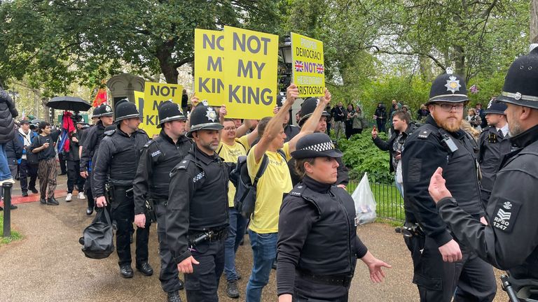 Republic protesters are led away from the Mall by police during the King&#39;s Coronation. May 6, 2023