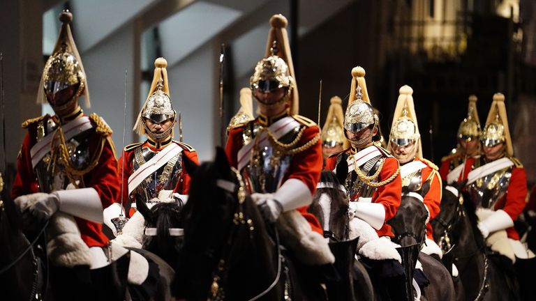 A night time rehearsal in central London for the coronation of King Charles III, which will take place this weekend.  Picture date: Wednesday May 3, 2023. PA Photo. Photo credit should read: Jordan Pettitt/PA Wire