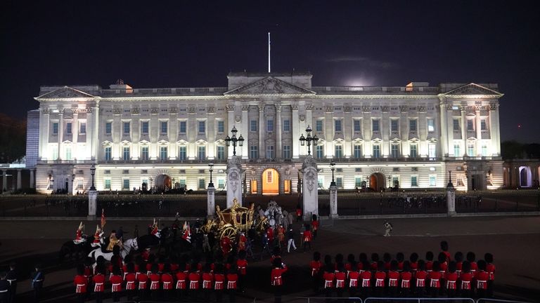 A night time rehearsal in central London for the coronation of King Charles III, which will take place this weekend. Picture date: Wednesday May 3, 2023. PA Photo. Photo credit should read: James Manning/PA Wire