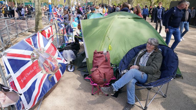 PABest Royal fan Mary-Jane Willows from Cornwall, who is camping out on The Mall, near Buckingham Palace in central London, ahead of the coronation of King Charles III on Saturday May 6. Picture date: Wednesday May 3, 2023.