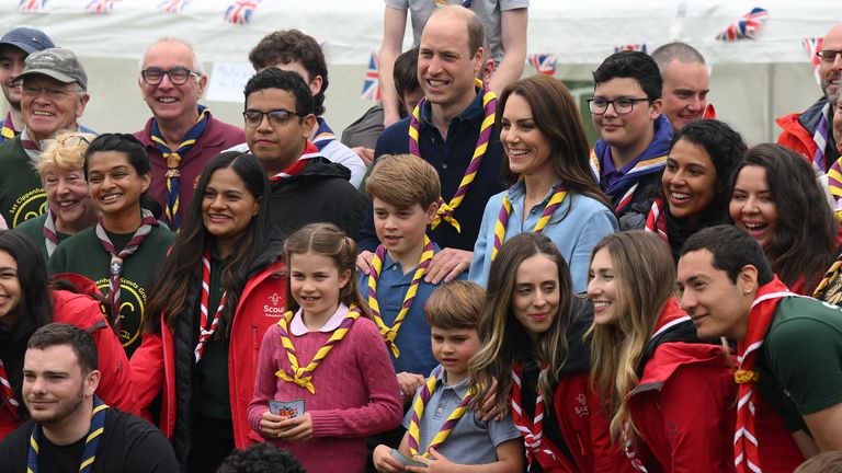 The Prince of Wales, Princess of Wales, Prince George, Princess Charlotte and Prince Louis pose with volunteers after helping to renovate and improve the 3rd Upton Scouts Hut in Slough, as part of the Big Help Out, to mark the crowning of King Charles III and Queen Camilla. Picture date: Monday May 8, 2023.