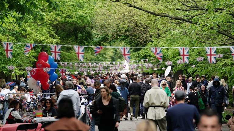 People taking part during a Coronation Big Lunch in Regent&#39;s Park, London. Thousands of people across the country are celebrating the Coronation Big Lunch on Sunday to mark the crowning of King Charles III and Queen Camilla. Picture date: Sunday May 7, 2023.